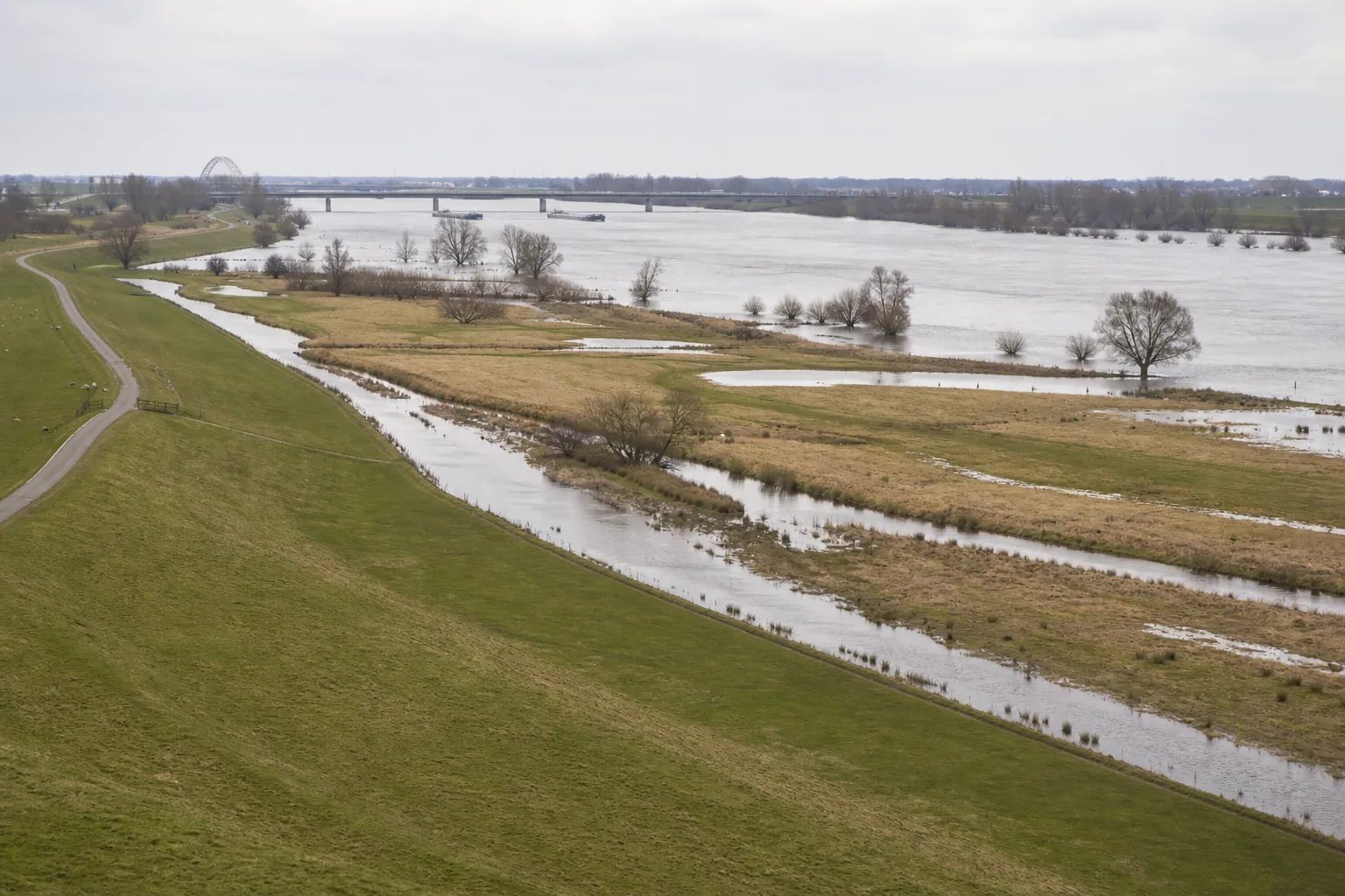 Landschapsbeeld langs de Waal bij het onderwerp een dijkversterkingsproject volgen van verkenning tot uitvoering