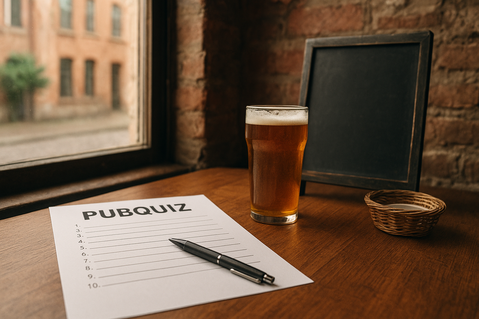 Quizkaartjes, pennen en scoreformulieren op een tafel in een buurthuis