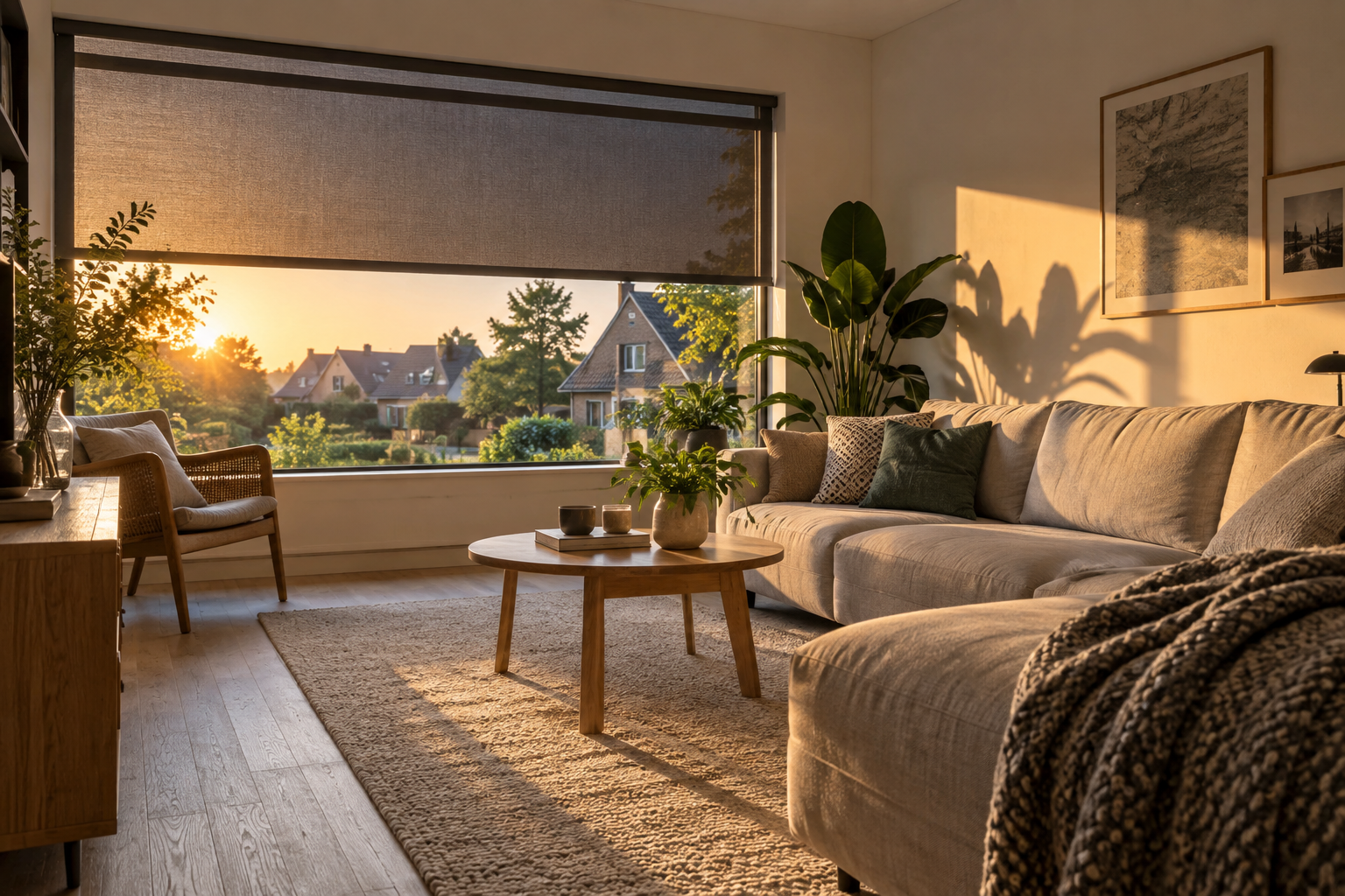 Illustratie: lage avondzon bij een raam met zonwering